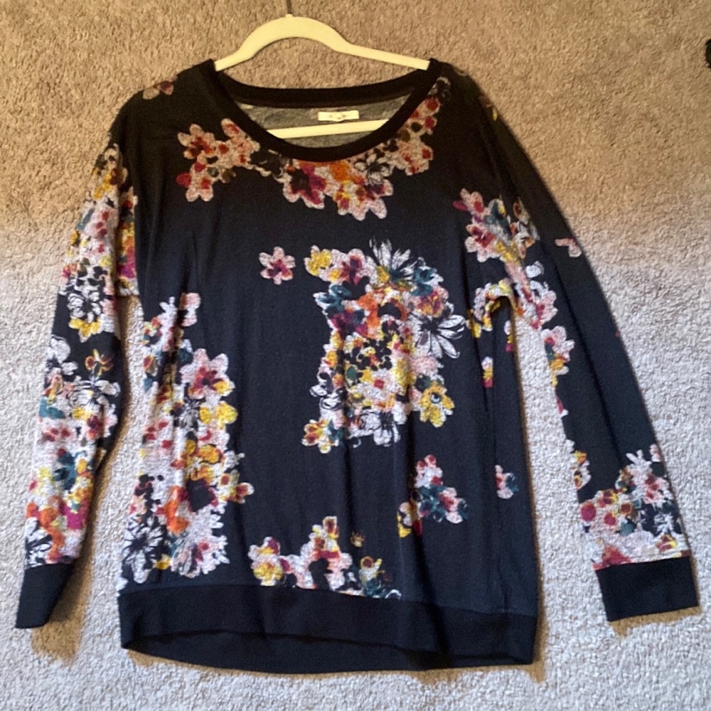 Dark Gray,crew neck sweater with nude pink ish flowers